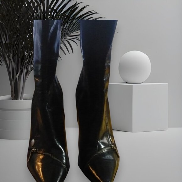 Nine West Black Leather Pointed Toe Ankle Boots Awesome Zipper Accents| SZ US 9M - Picture 1 of 5